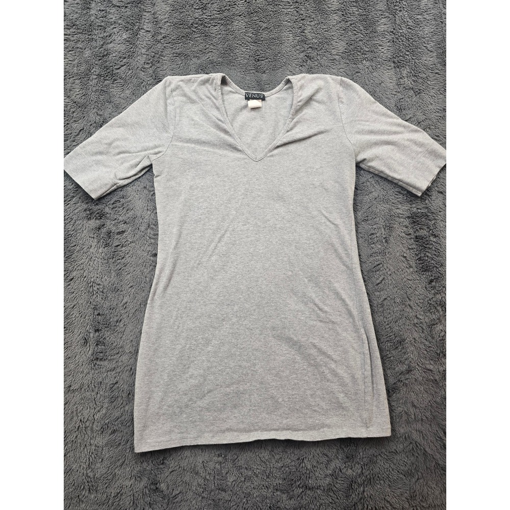 Venus Womens Gray‎ V-Neck Elbow Sleeve Longline Knit Top Tee Size Small